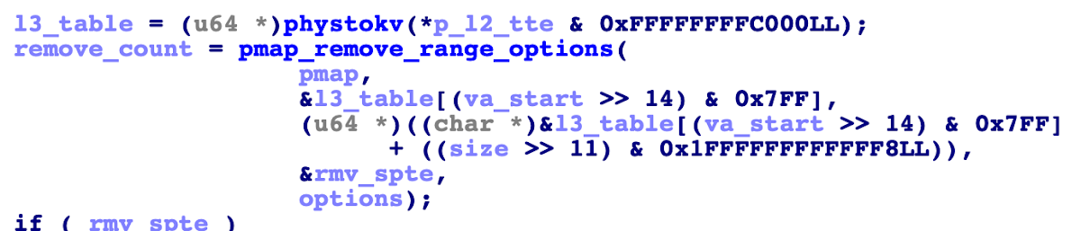 Decompiler output showing a call to pmap_remove_range_options().