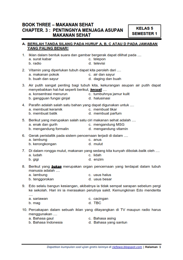 Download Soal Tematik Kelas  5 Semester 1 Tema 3 Subtema 3 