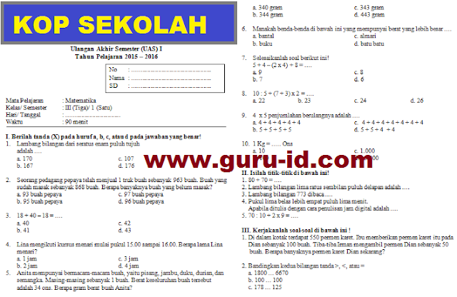 Latihan Soal Ulangan Matematika Kelas 3 SD Tahun pelajaran 