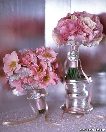 Sweet bridesmaid bouquets gleam with silver accents Metallic paper doilies