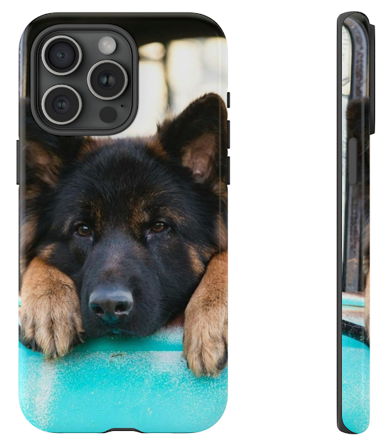 iPhone 15 Pro Max Tough Case With Cute Black and Red German Shepherd Puppy Looking Outside From Car Window