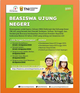 Daftar Beasiswa Ujung Negeri TNI AD Universitas Pertamina 2022