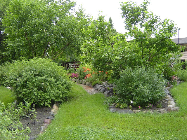 Grassy path through flower beds