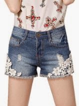 <br />Then Be Style Women's Worn-out Floral Lace Jean Shorts
