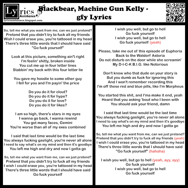 blackbear, Machine Gun Kelly - gfy Lyrics | lyricsassistance.blogspot.com
