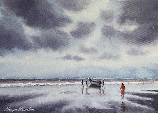 A water colour painting of a beach on Arches paper by Indian artist Manju Panchal