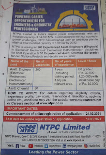 NTPC Recruitment 2021 for Electrical, Mechanical, Electronics & Instrumentation Engineers