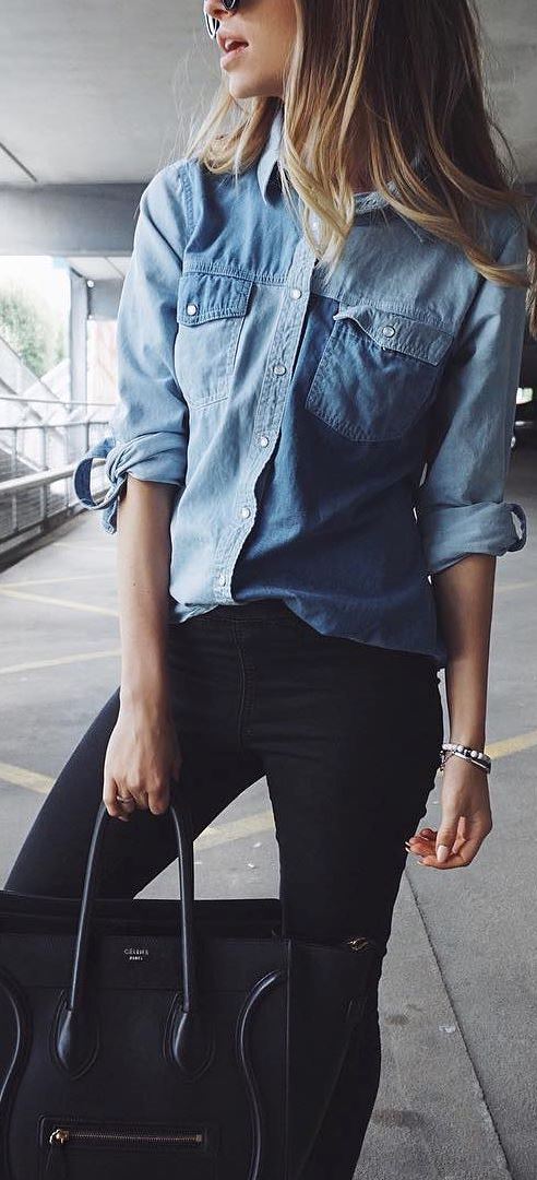 street style perfection: denim shirt + skinny pants + bag