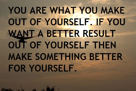 YOU ARE WHAT YOU MAKE OUT OF YOURSELF. IF YOU WANT A BETTER RESULT OUT OF YOURSELF THEN MAKE SOMETHING BETTER FOR YOURSELF.
