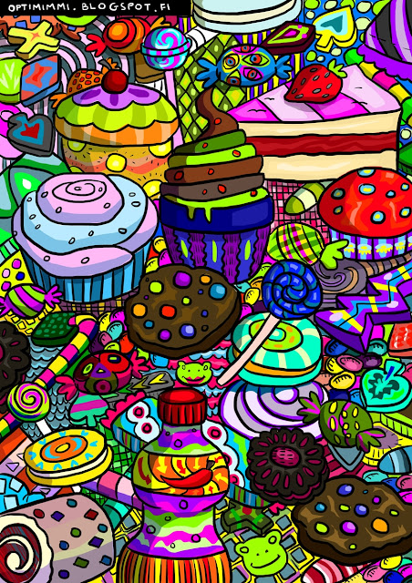A colored coloring page of candies and baked treats / Väritetty värityskuva karkeista ja leivonnaisista