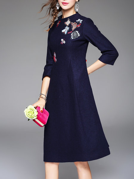  3/4 Sleeve Floral Vintage Appliqued Midi Dress