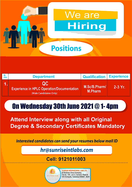 Job Availables, Sunrise International Labs Ltd Walk-In Interviews for Quality Control Department