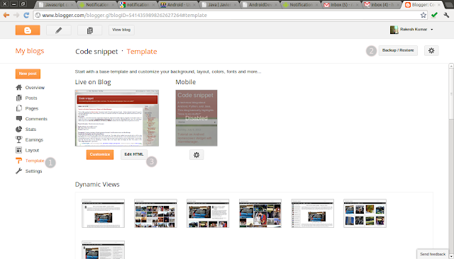 Template dashboard of blogger for integrating prettify