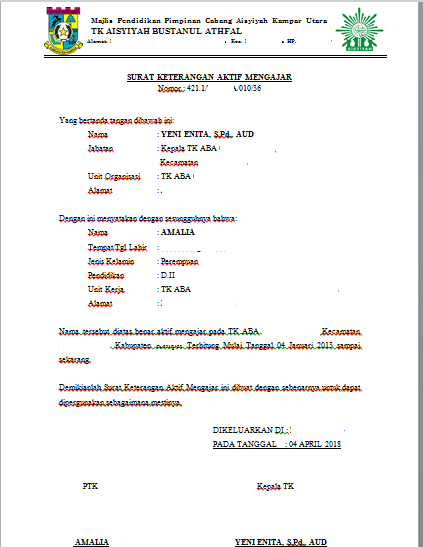 Contoh Format Surat Keterangan Aktif Mengajar TK/KB 