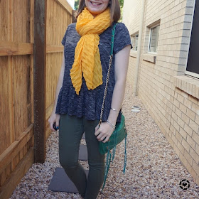 awayfromtheblue Instagram | space dye peplum tee olive skinny jeans mustard scarf SAHM playdate outfit