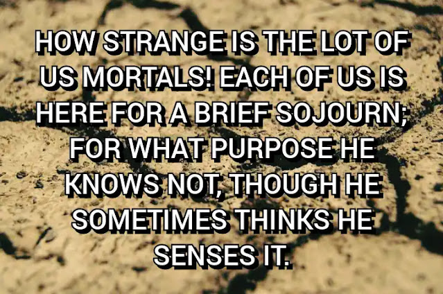 How strange is the lot of us mortals! Each of us is here for a brief sojourn; for what purpose he knows not, though he sometimes thinks he senses it.