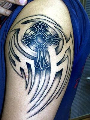 rip cross tattoo. cross tattoos with wings on