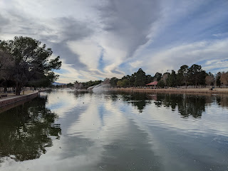 scene at Sunset Park. Pond and sky, birds