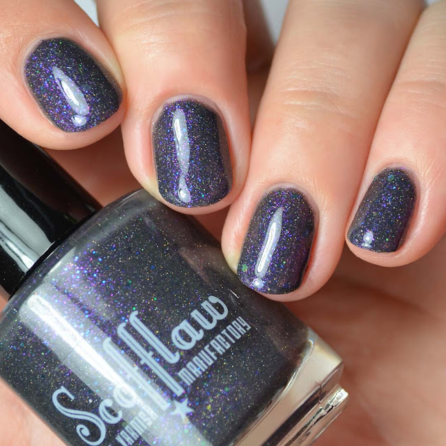charcoal nail polish with purple and holo glitter