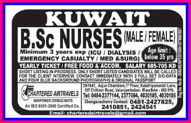 Nurses For Kuwait M/F, Free Food & Accomadation, Attractive Salary