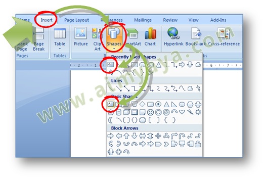 Gambar: Cara menyisipkan shape text box dalam dokumen Microsoft Word 2007