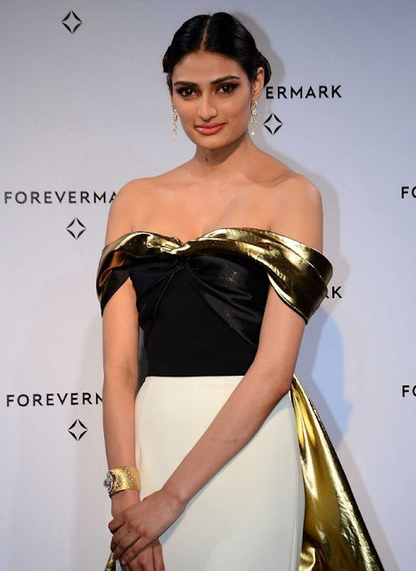 Athiya Shetty Dazzled in Off Shoulder Monochrome Designer Gown