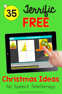 35 Terrific FREE Christmas Speech Therapy Ideas for Teletherapy including the Christmas 4-part picture puzzle game shown an ipad.#speechsprouts