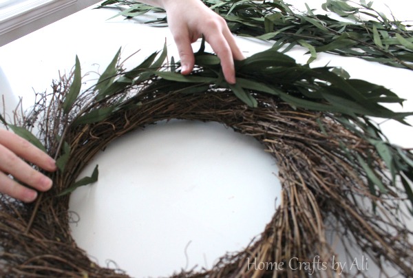 add eucalyptus leaves to twig wreath