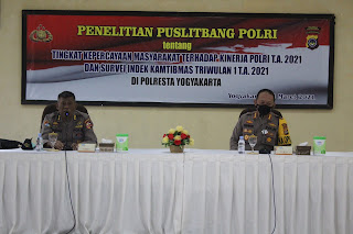 Polresta Yogyakarta menerima kunjungan dari Tim Pusat Penelitian dan Pengembangan (Puslitbang) Polri yang melaksanakan penelitian tentang Tingkat Kepercayaan Terhadap Kinerja Polri T.A. 2021 dan Survei Indek Kamtibmas Triwulan I  T.A. 2021