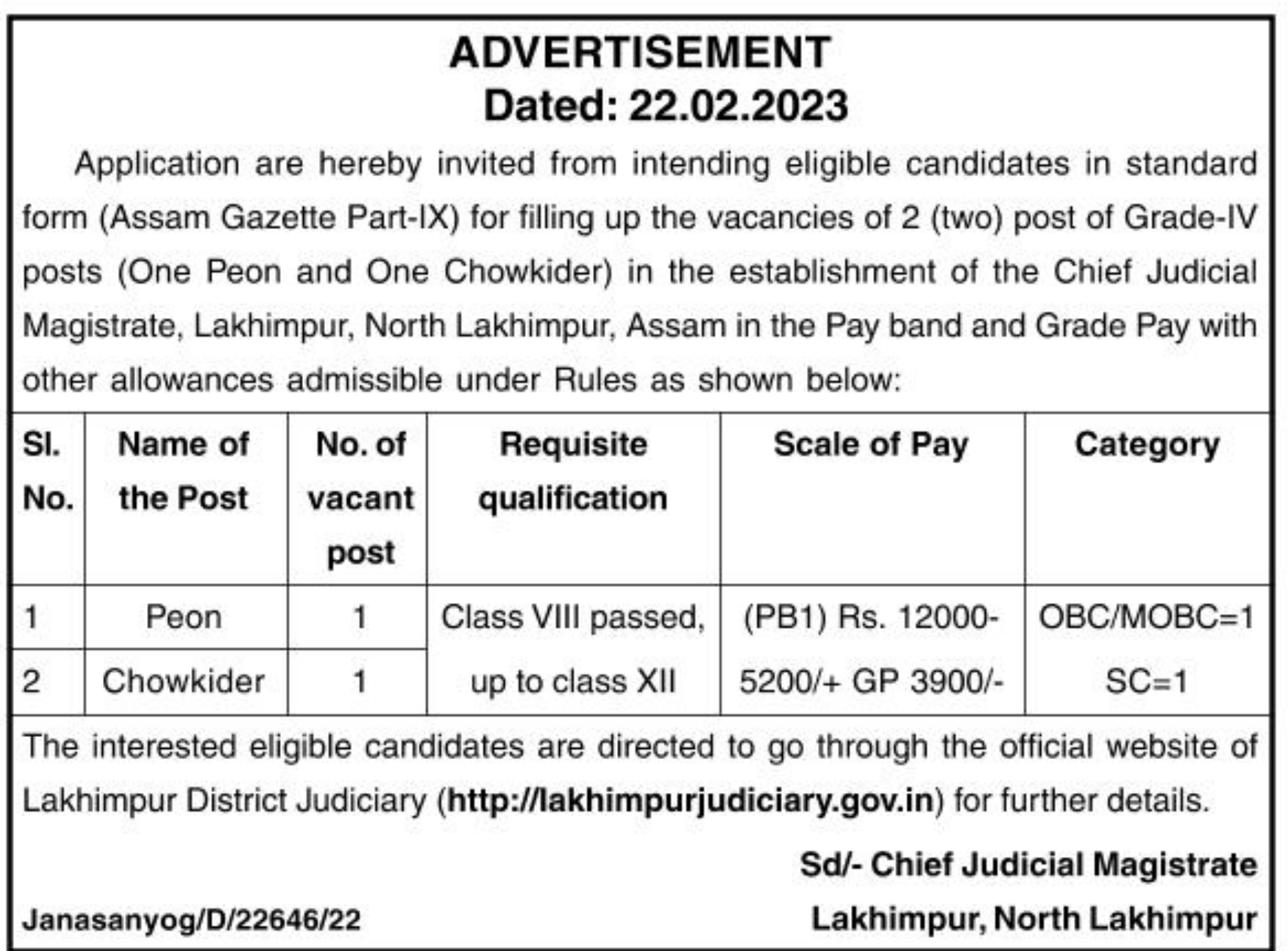 Chief Judicial Magistrate, Lakhimpur Recruitment: 02 Peon and One Chowkider Vacancy