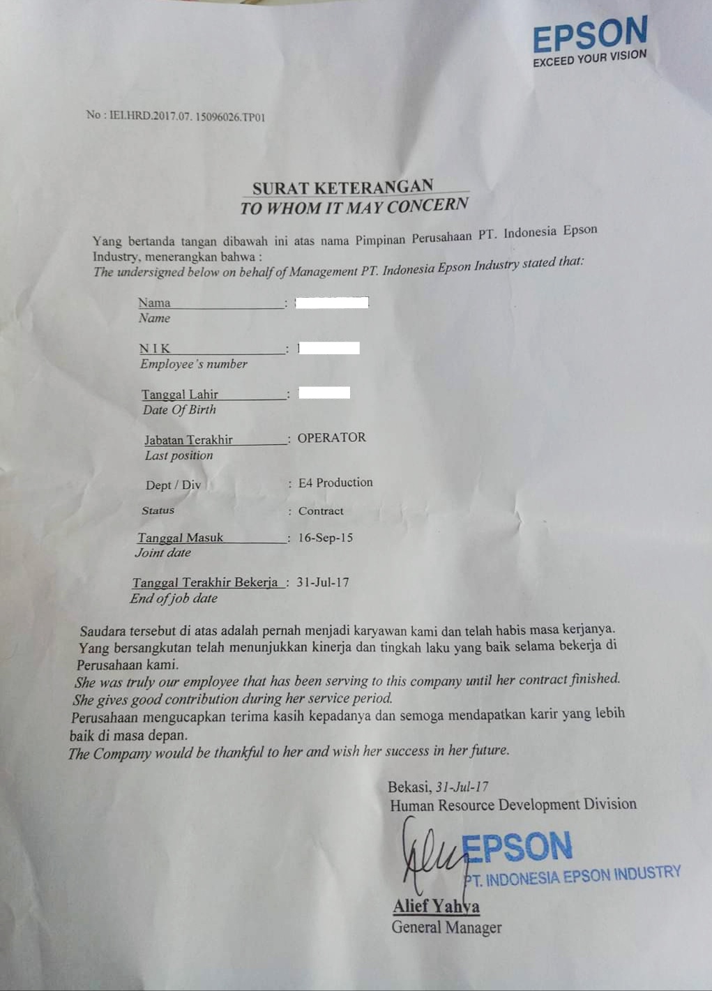 Contoh Surat Paklaring Pt Epson Pengalaman Kerja Sebagai Operator 2021