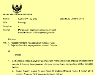 KEWENANGAN PENJABAT KEPALA DAERAH DI BIDANG KEPEGAWAIAN SESUAI SURAT KEPALA BKN NOMOR : K.26-30 /V .100 -2/99  TAHUN 2015