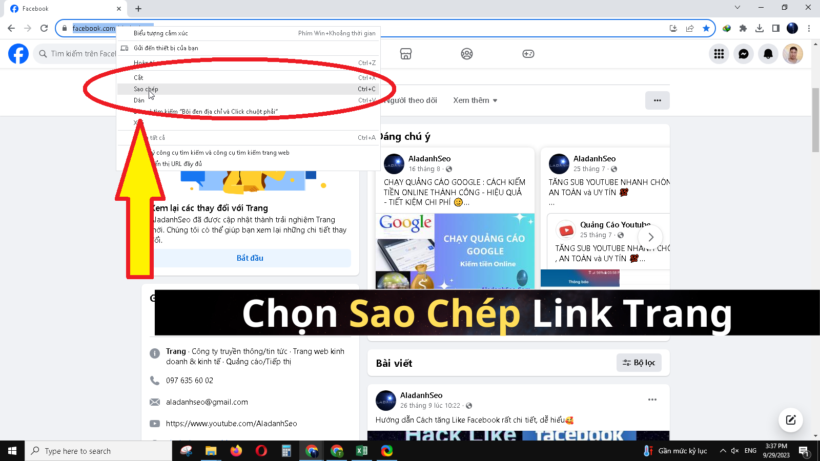 Lấy link Page bằng cách chọn Sao chép