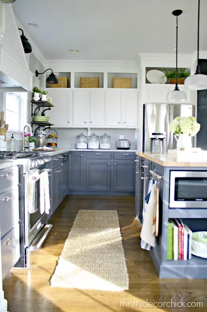 Dark gray lower cabinets white uppers 