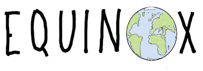 This image shows the handlettered word Equinox, the "O" of which is a spinning cartoon-style globe, with blue seas and the land in green