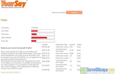 Menu "My Earned Point" pada situs paid survey YourSay | SurveiDibayar.com