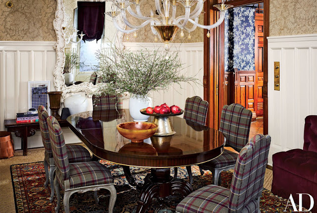 Jessica Chastain Dining Room with plaid chairs by Carrier and Company