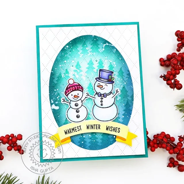 Sunny Studio Stamps: Brilliant Banner Die Focused Winter Themed Card by Isha Gupta (featuring Feeling Frosty, Forest Tree Stencils, Dotted Diamond Dies, Stitched Oval Dies)