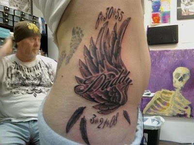 Bird Tattoo With Letter Tattoo On SIde Body