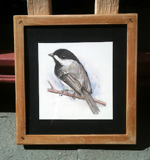 drawing of chickadee in frame for charity auction