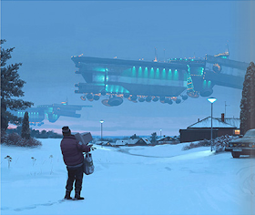 A person in winter coat and hat walking through the snow towards his or her house carrying groceries, who has stopped to look at the two large gauss freighters passing by in the sky. They both look like futuristic cargo spacecraft floating a few hundred meters off the ground, with lots of discs sticking out from the bottom.