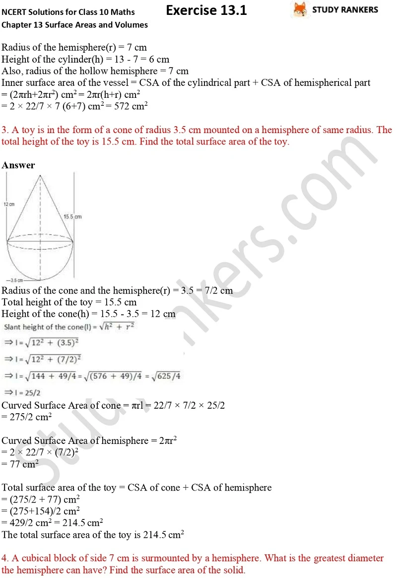 NCERT Solutions for Class 10 Maths Chapter 13 Surface Areas and Volumes Exercise 13.1 Part 2