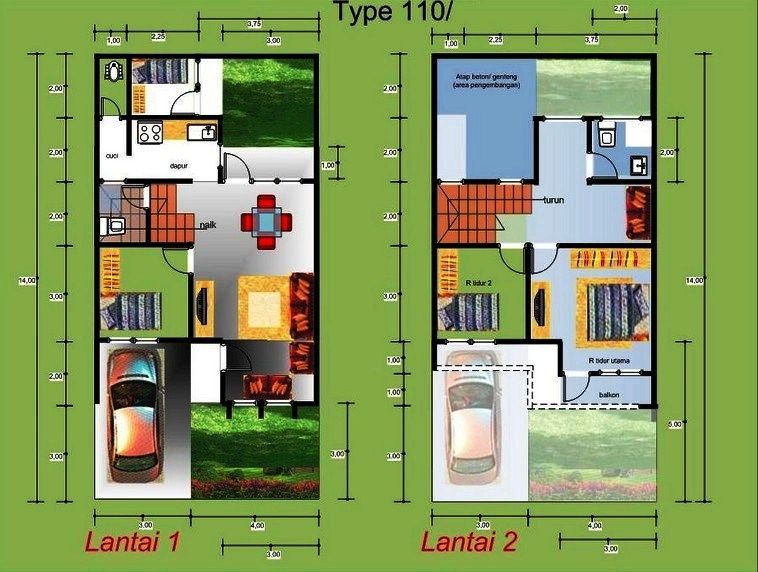 14 contoh gambar denah  rumah  minimalis  2  lantai  3D ukuran 