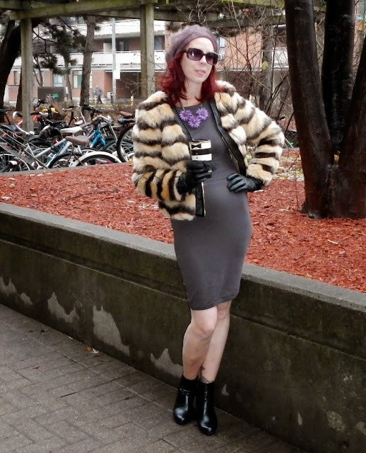 Travis Taddeo Dress, Forever 21 Faux fur Coat, Alice+Olivia Starbucks mug fashion style The Hudson Bay boots, Suzy Sheir statement purple necklace, H&M Sunglasses Parkhurst beret