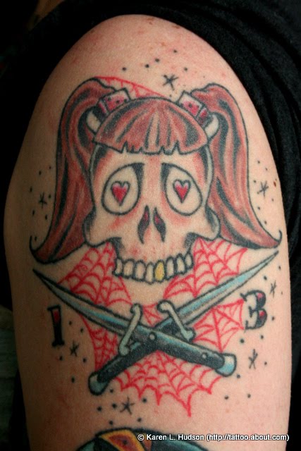 Old School Pigtailed Girl Skull Tattoo