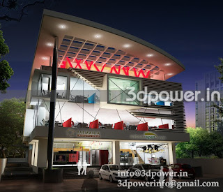 "architectural rendering office building night view"