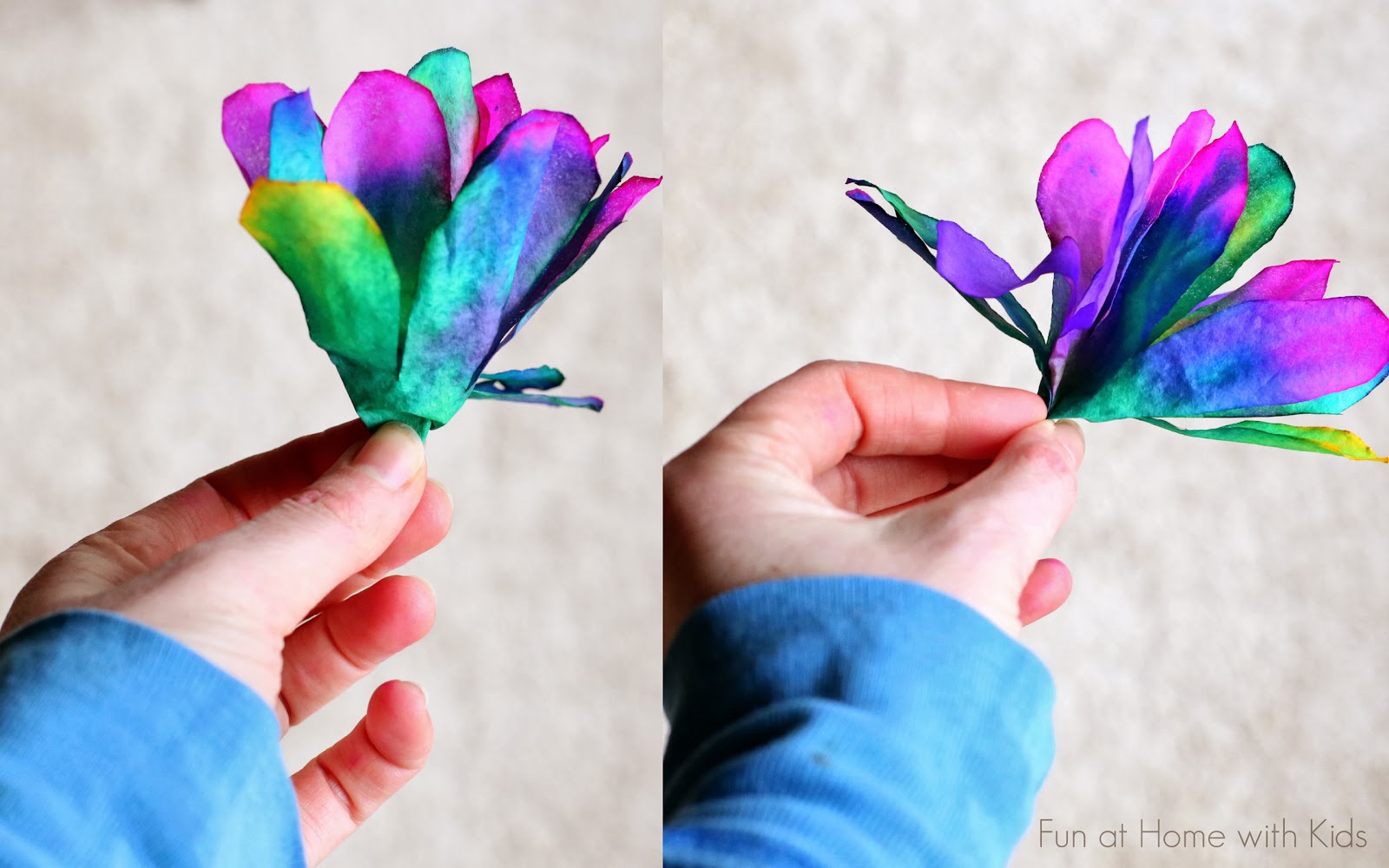 A new technique for making incredibly vibrant and bright coffee filter flowers from Fun at Home with Kids