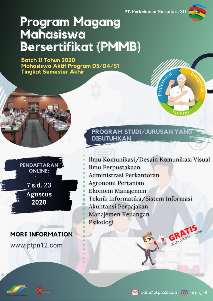 Rekrutmen Magang PMMB PT Perkebunan Nusantara XII Agustus 2020