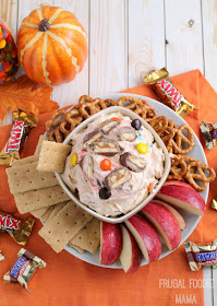 Your favorite candies from the kids' trick or treat bags come together with a favorite fall dessert in this creamy Trick or Treat Pumpkin Pie Dip. #InspiredGathering