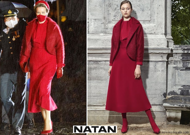 Queen Mathilde wore Natan hairy mohair red jacket and red wool crepe dress